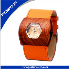 Elegante reloj de madera con movimiento suizo con banda de cuero genuino